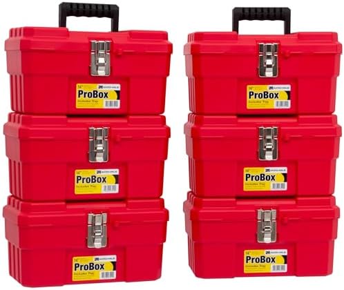 Akro-Mils 14-Inch Plastic Toolbox with Removable Tray, Steel Latch & Padlock Eye, Heavy Duty Tool Box for Tools, Crafts, First Aid & Hobby Supplies, 14" x 8" x 8", Made in USA, 6-Pack, Red (09514)