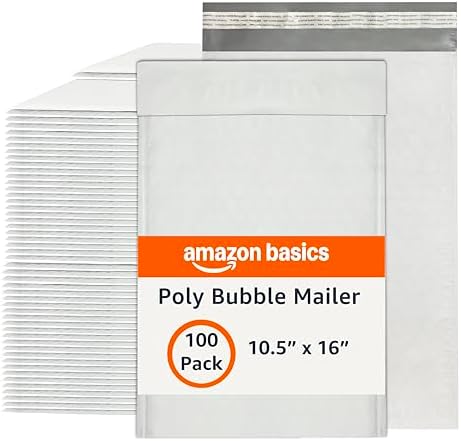 Amazon Basics Poly Bubble Self-Seal Mailers, Water-Resistant, Tear-Resistant, 10.5" x 16", White/Grey, 100-Pack