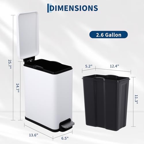 PrecisionAuto Slim Bathroom Trash Can with Soft Close Lid, 10 Liter / 2.6 Gallon Stainless Steel Step Garbage Can with Removable Inner Bucket, Narrow Trash Bin for Toilet Bedroom Kitchen, White