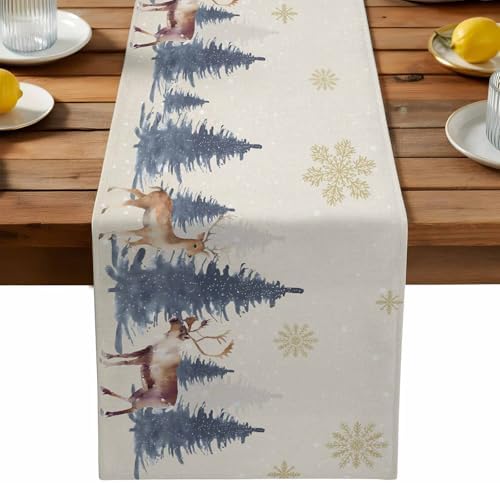 Christmas Table Runner Dresser Scarf 13 x 60 Inch Vintage PineTree Forest Elk Glod Snowflakes Linen Table Runners Non-Slip Heat Resistant Kitchen Dining Table Decor for Home Holidays Indoor Outdoor