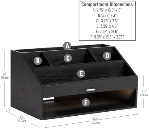 Mind Reader Desk Organizer, File Storage, Accessory Holder, Cord Management, Office, Wood, 16.25"L x 9.5"W x 8.5"H, Black