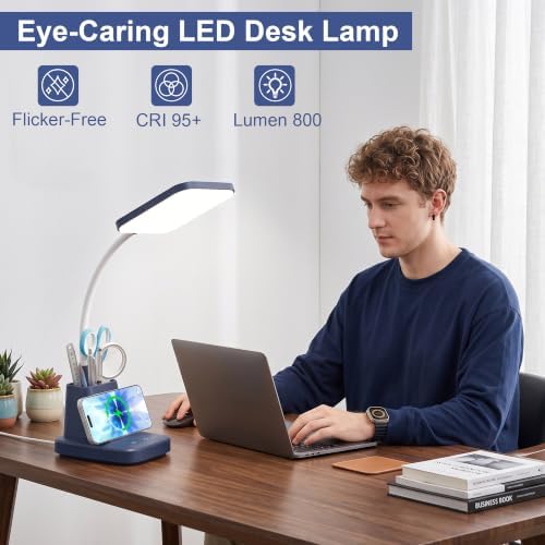 LED Desk Lamp with 10W Wireless Charging & Pen Holder, Navy Blue