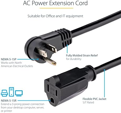StarTech.com 3ft (1m) Power Extension Cord, Right Angle NEMA 5-15P to NEMA 5-15R, 13A 125V, 16AWG, Computer Power Extension Cord, Flat Extension Cord, AC Outlet Extension Cable, UL Listed (PAC101R3)