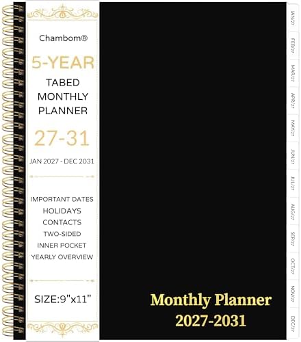 2027-2031 Monthly Planner, 5 Year Monthly Planner/Calendar 20276-2031, 60-Month Jan 2027 – Dec 2031, 9" x 11", Tabs, Double-Side Pocket, Holidays, Thick Paper, Polypropylene Cover - Black