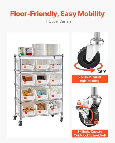 VEVOR 5-Tier Rolling Bin Storage Rack, 12 Organizer Bins, Bin Rack Storage Steel Wire Shelving System with Wheels, Mobile Tool Organizer for Garage, Warehouse, Office, Restaurant, Classroom, Kitchen