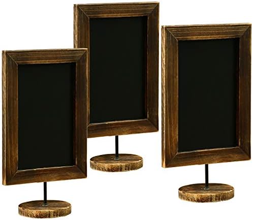 MyGift Set of 3 Tabletop Chalkboard Sign with Burnt Wood Frame and Round Base, Decorative Wedding Table Place Card Signage, Rustic Small Kitchen Countertop Memo Board