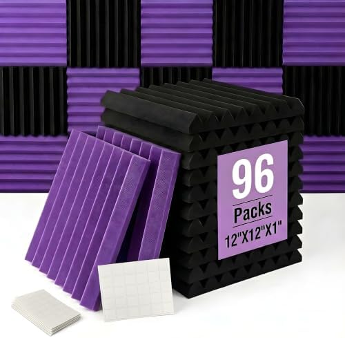 96 Pack Allxinlog Absorb the echo Acoustic Foam Panel Wedge Studio Soundproofing Wall Tiles 12" X 12" X 1" (Accompanied By Double-Sided Adhesive Tape)(48Purple+48Black)