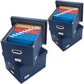 PRANDOM File Organizer Box - Set of 4 Collapsible Decorative Linen Filing Storage Hanging File Folders with Lids Office Cabinet Letter/Legal Size Navy Blue 17.1x14x11.1 inch