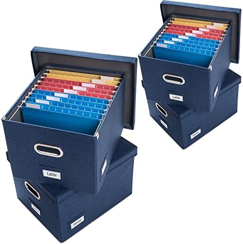 PRANDOM File Organizer Box - Set of 4 Collapsible Decorative Linen Filing Storage Hanging File Folders with Lids Office Cabinet Letter/Legal Size Navy Blue 17.1x14x11.1 inch