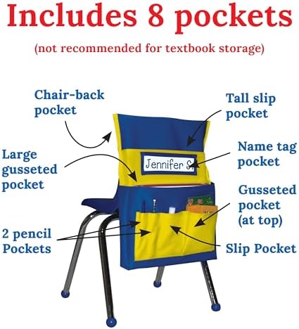 Carson Dellosa Chair Pockets for Classroom, Yellow & Blue, 6-Pack | Durable 15x19" Chairback Buddy for Classroom Supplies, Desk Buddy Pocket Organizer with Name Tag, Back of Chair Storage