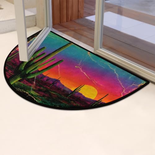 Sunset Cactus Mountain Half Round Door Mat Non Slip Washable Semi Circle Area Rug Absorbent Soft Half Moon Rug Floor Mat for Indoor Outdoor Kitchen Bathroom Patio Front Door Mat Decor,E632