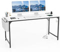 COSTWAY Home Office Desk, 32 Inch Computer Desk with Recessed Power Strip, Storage Bag & Headphone Hook, Wide Desktop, Modern Computer Workstation Writing Table for Home, Office (White + Black)