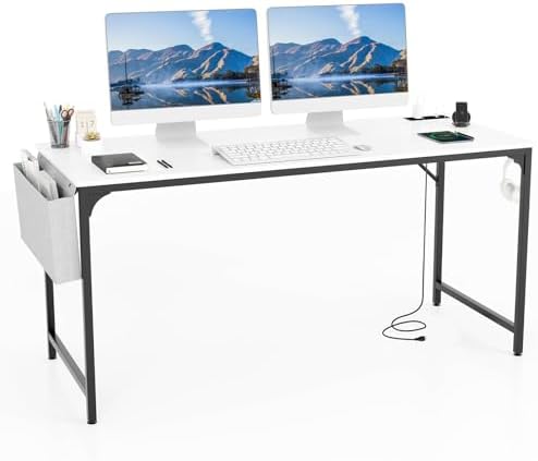COSTWAY Home Office Desk, 32 Inch Computer Desk with Recessed Power Strip, Storage Bag & Headphone Hook, Wide Desktop, Modern Computer Workstation Writing Table for Home, Office (White + Black)