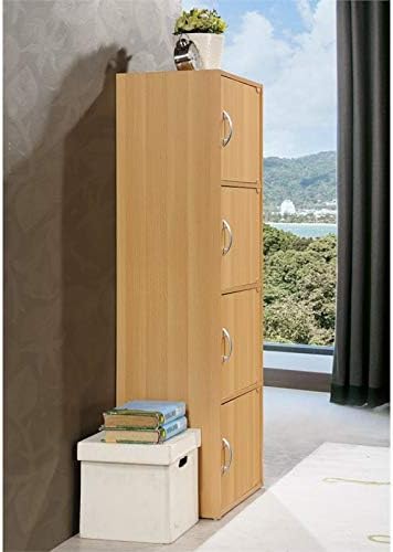 Pemberly Row 4 Shelf 4 Door Bookcase, Beech Finish, 47.4 in H x 15.91 in W x 11.75 in D, Slim Multi-Purpose Storage Unit for Office, Bedroom, Living Room, Kids Room or Entryway