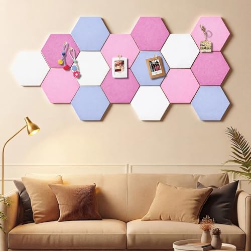 12x10 in 16 Pcs Hexagon Cork Board Tiles, Felt Pin Boards, Pink