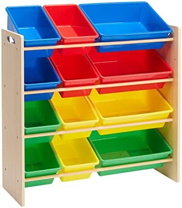 Amazon Basics Kids Toy Storage Organizer With 12 Plastic Bins, Natural Wood, Multicolor, for Bedroom and Playroom, 33.85"D x 12.79"W x 35.42"H