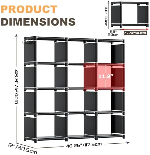 Mavivegue Book Shelf, 12 Cube Storage Organizer, DIY Bookcase, Metal Bookshelf,Tall Book case for Bedroom, Living Room,Office,Closet, Black Cubicle Rack