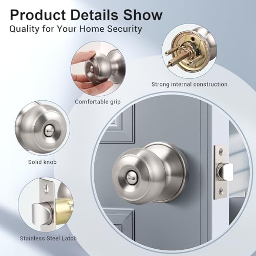 KNOBWELL Privacy Door Knob with Lock in Brushed Nickel Finish for Bedroom and Bathroom, Indoor Security Door Handle with Privacy Lock, Satin Nickel Interior Door Knobs