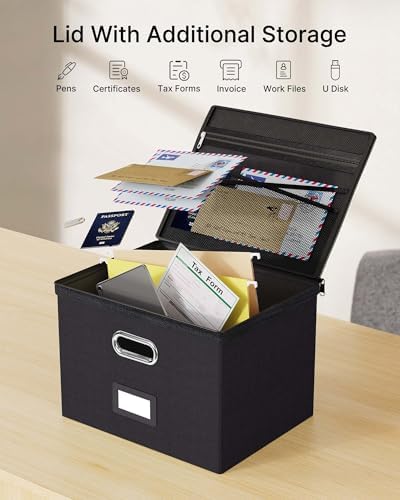 Oterri File Box Large 2-Pack Hanging Organizer for Letter/Legal-Size Folder | Dustproof Lid. 3 Mesh Pockets. Collapsible Scratch-Resistant GRS Linen. Slide Rails. Office, Home, Dorm