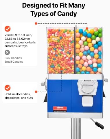 VEVOR Commercial Vending Machine, Four Compartment Rotatable Gumball and Candy Dispenser, Adjustable Height Coin Operated Candy Bank with Iron Stand, for Business Toy Capsules Bouncy Balls Nut, Blue