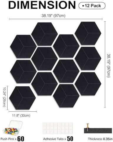 12-Pack Hexagon Cork Board Alternative for Walls Decor, 38.2" x 38.2" Large Felt Bulletin Board, with Pushpins, Damage-Free Adhesives, Thick Pin Board for Office, Home (Black)