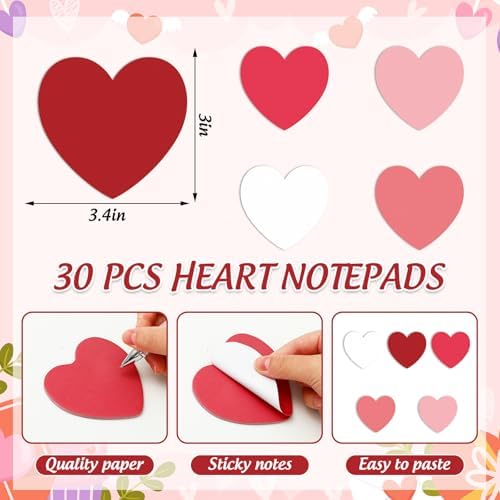 JarThenaAMCS 60Pcs Valentine's Day Sticky Notes with Ballpoint Writing Pens Pink Red White Heart Stationery Set Appreciation Gifts for Students Home Office Classroom Party Favors