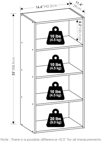 Furinno Basic Book Shelf, 4-Tier Bookcase with Open Shelf, Bookshelf, Cube Storage Organizer, 11 x 17 x 35, for Living Room, Bedroom, Home Office, White