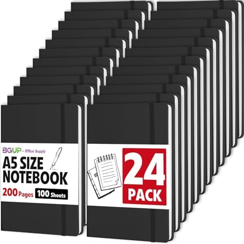 24 Pack Lined Journal Notebook for Work, 200 Pages, Medium 5.5 in x 8.3 in, A5 College Ruled, Hardcover Journaling Notebooks for Writing, Note Taking, Fit for Business Work School Home (Black)