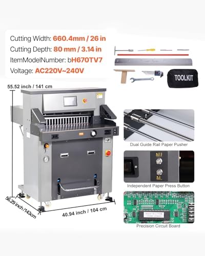 VEVOR Electric Hydraulic Paper Cutter, Heavy-Duty Cutting Machine with 26 in (660.4 mm) Cutting Width, 3.14 in (80 mm) Cutting Thickness, Electric Paper Trimmer with 7 in Touchscreen Numerical Control