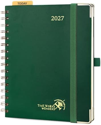 POPRUN 2027 Planner Daily Weekly and Monthly Calendar with Hourly Schedule(Medium Size 8.5'' x 6.25'' Wire-Bound Hard Cover) - Agenda 2027 (Jan.2027-Dec.2027), Monthly Tabs - Dark Green
