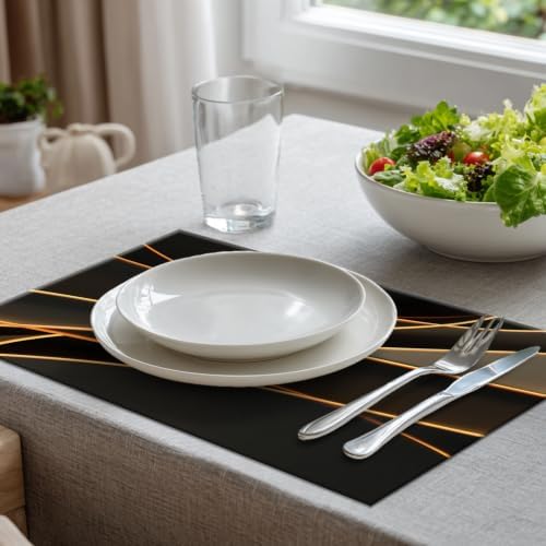 Batmerry Glowing Mocha Mousse Neon Lines Network Minimalism Placemats, Black Background Washable Linen Table Mats for Kitchen Table Double Insulation Decor Dining Set Indoor Outdoor 12X18 in Set of 8