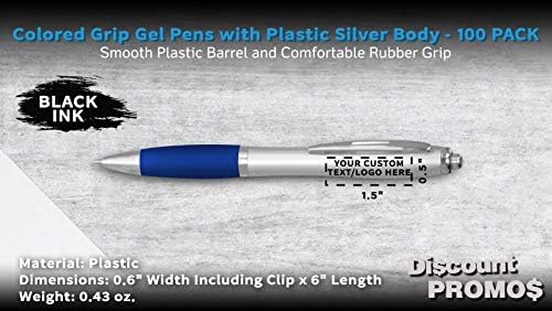 DISCOUNT PROMOS Custom Colored Grip Gel Pens Set of 100, Personalized Bulk Pack - Great for Office, School, Business, Tradeshows, Events - Blue