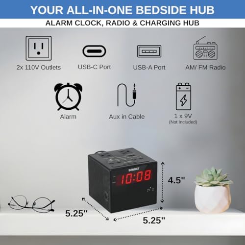 Digital Alarm Clock Radio with Charging Station, AM/FM Radio for Bedroom, 2 AC Outlets & USB-C + USB-A Charging Ports, LED Display, Snooze, AUX Input, Battery Backup – by Ken-Tech