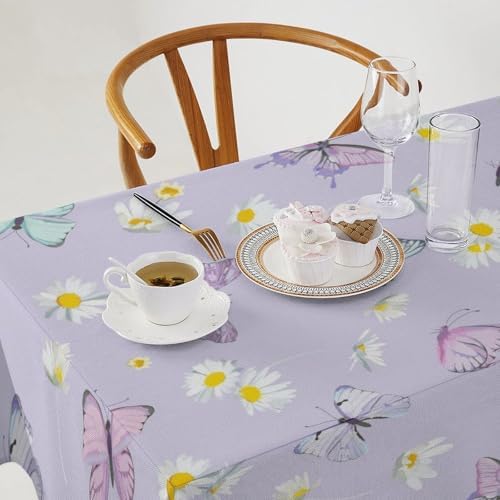 Butterfly Tablecloth, Watercolor Daisy Flowers Rustic Spring Summer Floral Butterfly Table Cover for Indoor Outdoor Patio Party Picnic Wedding Home Kitchen Dinner Table Decor 60x110in
