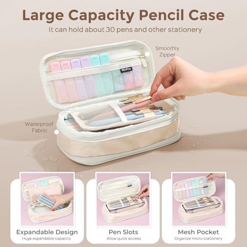 Nicpro School Supplies Stationary Set with Pencil Case, 39 PCS Cream | Back to Schoo Supplies, Pen Case with 12 Highlighter, 5 Gel Pen, 6 Mechanical Pencil, Essentials for College, Nursing Student