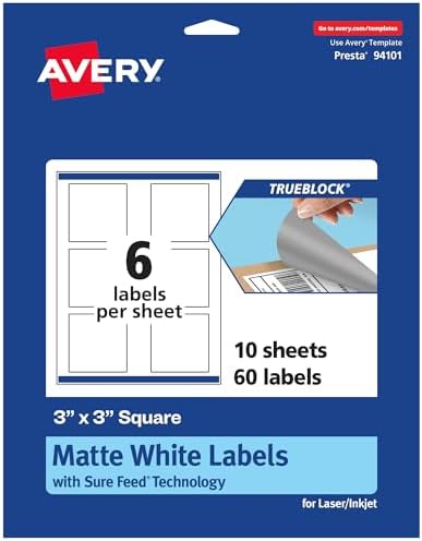 Avery TrueBlock Matte White Square Labels, Sure Feed Technology, 3" x 3", 60 Matte White Labels, Print-to-The-Edge, Laser/Inkjet Printable, Great for Packaging and Product Merchandising