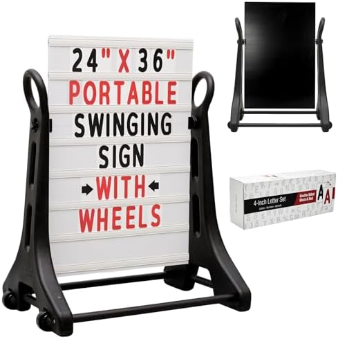 24 x 36 Inch Rolling Swinging Changeable Message Sidewalk Sign, Black, Plastic Storefront Display Sign, Outdoor Business Advertising Board