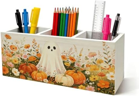 Fall Halloween Ghost Pumpkin Pen Holder for Desk Decor