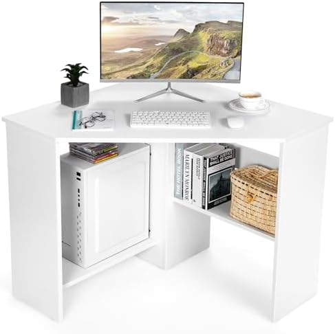 COSTWAY Corner Computer Desk, Space-Saving Triangular Writing Desk w/ 2 Storage Shelves & 2 Cable Holes, Multi-Functional Console Table for Small Space in Home Office, Living Room, Bedroom (White)