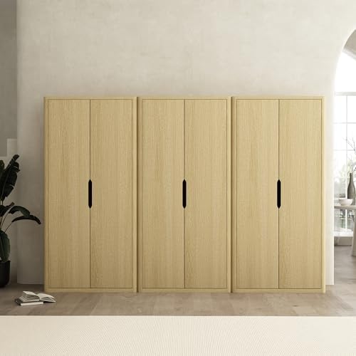 Manhattan Comfort Rivington Bookshelf 79 in Tall 5-Tier Bookcase, Modern Soft Close Storage Cabinet, Handle-Free, Round Corner Design for Living Room, Bedroom, or Home Office, Set of 3 in Natural Oak