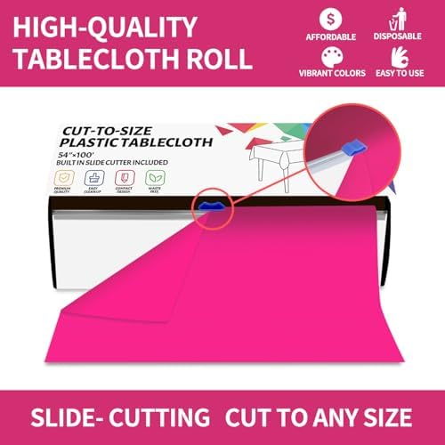 CXPSINC 54 Inch X 100 Feet Plastic Table Cover Roll Disposable Tablecloth with Slide Cutter for All Type/Shape Tables | Party, Banquet, Birthdays, Weddings(Fuchsia, 100 Feet)