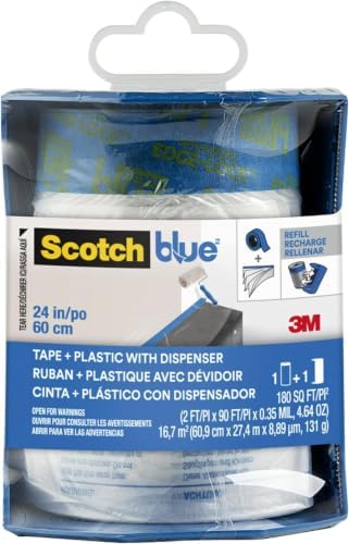 ScotchBlue Pre Plastic Painters Tape with Bladed Dispenser, 24 in x 30yd, Tape & Masking Film Combined, Static Cling to Stay in One Place, No Residue Masking Tape (PTD2093EL-24-S) | (Pack of 6)