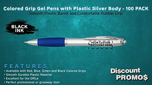 DISCOUNT PROMOS Custom Colored Grip Gel Pens Set of 100, Personalized Bulk Pack - Great for Office, School, Business, Tradeshows, Events - Blue