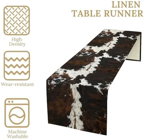 Vintage Cow Print Table Runner, Rustic Cottage Country Farm Animal Fur Skin Pattern Western Style Black Brown Cowhide Print Dinner Runner for Home Kitchen Dining Table Decoration 13x60 Inch
