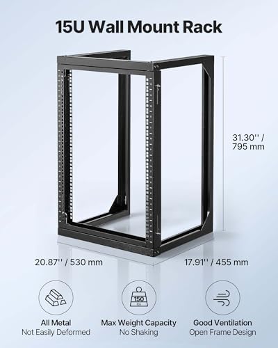 VEVOR 15U Open Frame Server Rack, Free Standing or Wall Mount Rack with 180 Degrees Gate Swing, Network Rack for 19" IT Equipment & A/V Devices