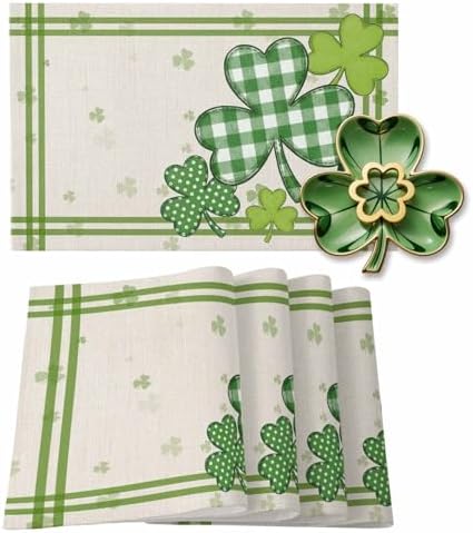 St. Patrick's Day Watercolor Shamrock Clovers Placemats Set of 4, Rustic Green Buffalo Plaid Cotton Linen Table Mats Washable Spring Holidays Decorations For Kitchen Dining Table French Stripes