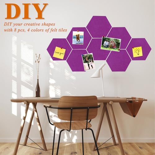 8 Pcs Hexagon Felt Cork Bulletin Board Tiles, Self Adhesive DIY Bulletin Board Pin Board for Office School Home Wall Decor Memos Photos Display(Light Purple)