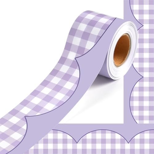 50ft Checkered Bulletin Board Borders, Checkerboard Straight Trim Border with Scalloped Edge Print, Classroom Decor for Chalkboard Whiteboard Back to School Supplies, Purple and White