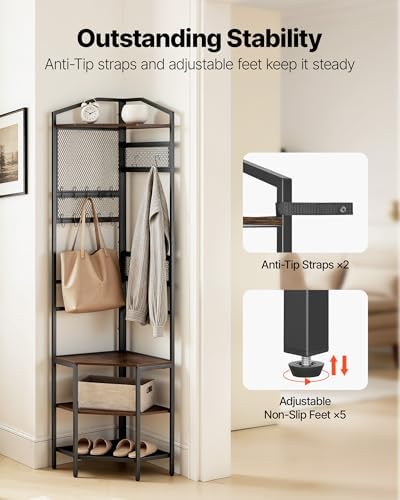 VEVOR Corner Hall Tree, 71.3 in Coat Rack with Hooks, Top Shelf & Steel Frame, Freestanding Clothes Shoes Rack Storage Organizer with Anti-Tip Set, Adjustable Non-Slip Feet for Entrance Closet Office