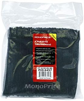 Monoprice Hook and Loop Fastening Cable Ties - 6 Inch, 50 Piece Bulk Pack, With Eye Hole For Hanging, Black